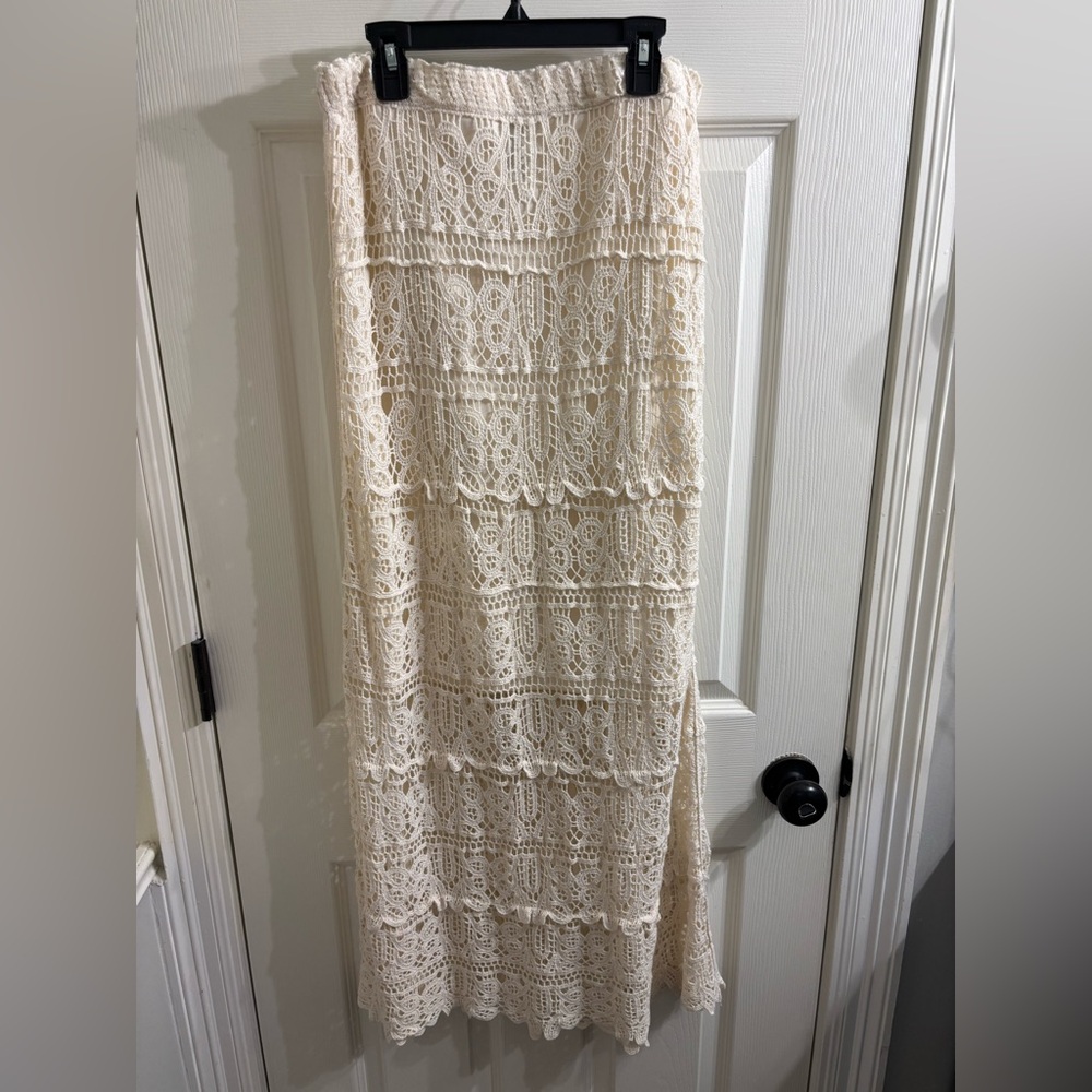 Bohemian Crochet Tiered Maxi Skirt - Cream